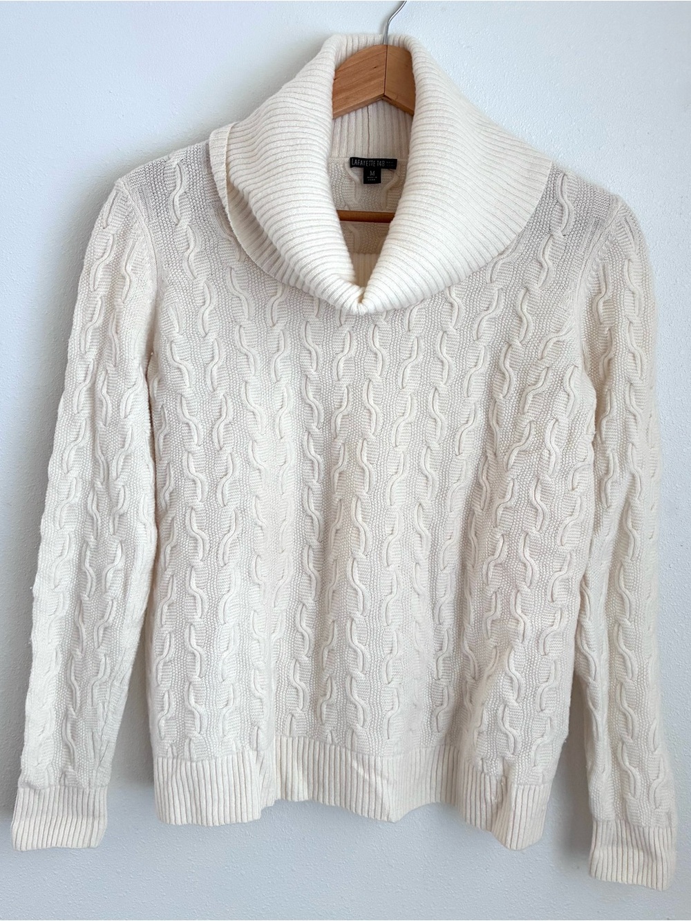 Lafayette 148 Cable-Knit Cowl-Neck Ivory Marino Wool Sweater (M)